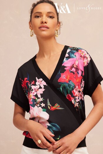 Love & Roses Black Floral Woven Front Knitted Short Sleeve Wrap Blouse (K63313) | £40