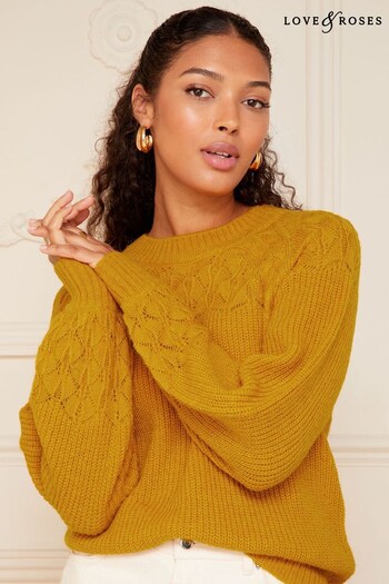 Love & Roses Yellow Pointelle Yoke Bow Back Knitted Jumper (K63320) | £42