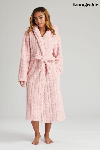 Loungeable Pink Cable Cut Borg Hooded Midi Robe (K63363) | £34