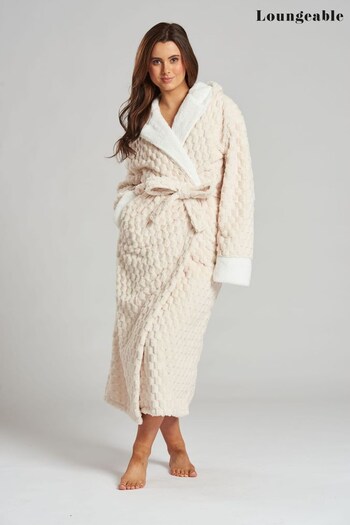 Loungeable Cream Geometric Luxury Fleece Hooded Maxi Robe (K63371) | £34