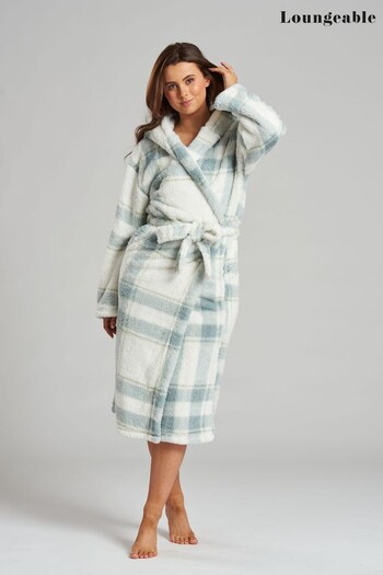 Loungeable Blue Check Well Soft Hooded Midi Robe (K63373) | £32