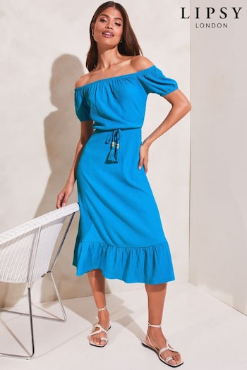 Lipsy Blue Bardot Jersey Belted Midi T-short Dress (K63388) | £40