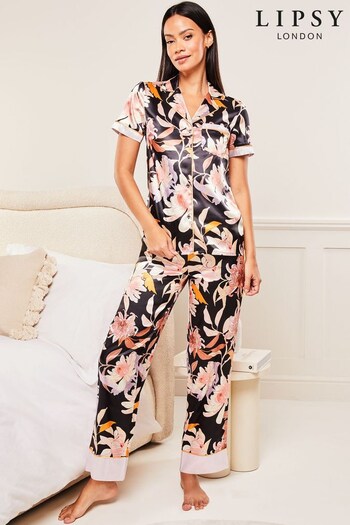 Lipsy Black Floral Satin Short Sleeve Shirt And Trousers Pyjamas (K63557) | £38