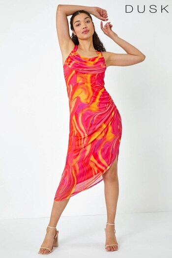 Dusk Pink & Orange Multi Swirl Print Ruched Stretch Dress (K63604) | £60