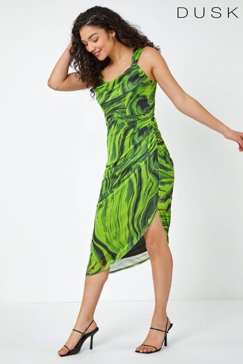 Dusk Green & Black Swirl Print Ruched Stretch Dress (K63606) | £60