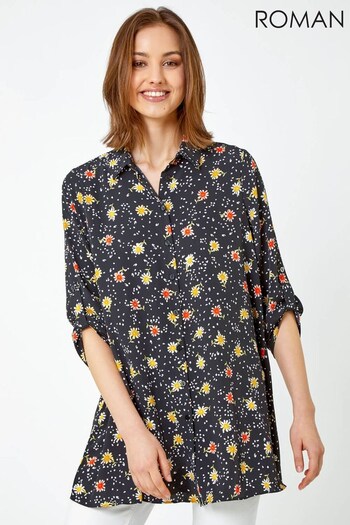 Roman Black Multi Daisy Print Longline Shirt (K63684) | £32