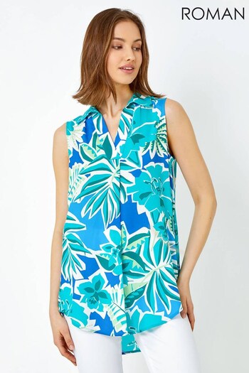 Roman Blue & Green Sleeveless Tropical Print Over Shirt (K63687) | £30