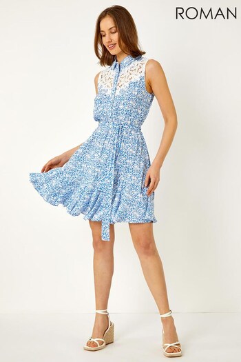 Roman Blue Sleeveless Lace Trim Floral Shirt Dress (K63699) | £40
