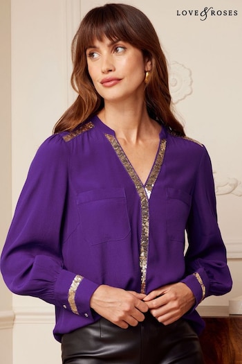 Love & Roses Purple and Gold Sequin V Neck Long Sleeve Blouse (K63756) | £38