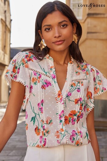 Love & Roses Ivory and Pink Floral Dobby Ruffle V Neck Flutter Sleeve Blouse (K63757) | £36