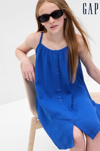 Gap Blue Crinkle Gauze Button-Front Dress - Kids (K63788) | £20