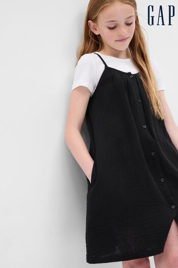 Gap Black Crinkle Gauze Button-Front Dress - Kids (K63798) | £20