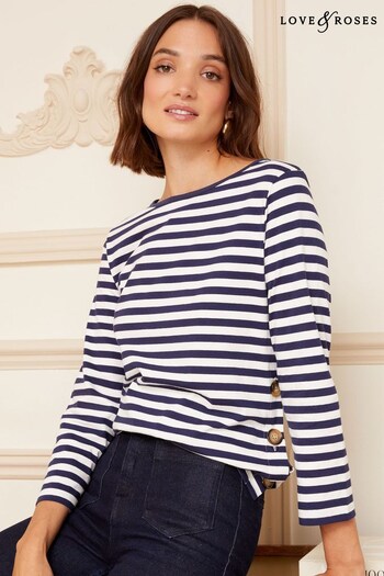 Love & Roses Black And White Stripe 3/4 Sleeve Boat Neck T-Shirt (K63802) | £24