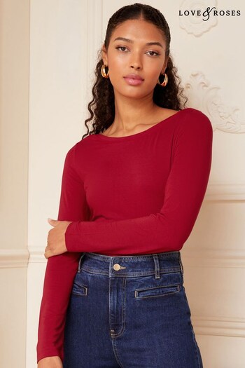 Love & Roses Red Woven Trim Boat Neck Jersey Long Sleeve Top (K63806) | £22