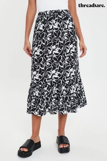 Threadbare Black Frill Hem Midi Skirt With Drawstring Waist (K63855) | £28