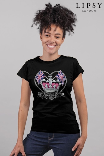 Lipsy Black Coronation Crown And Flags Women's T-Shirt (K63968) | £22