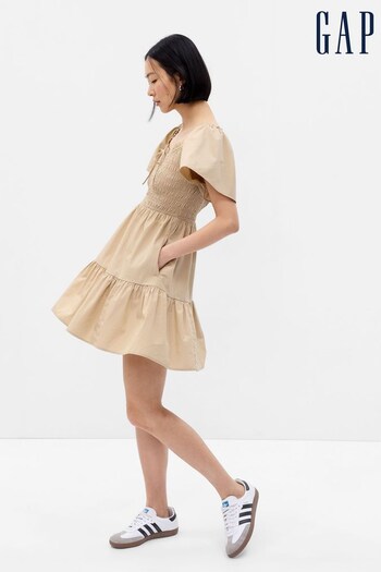 Gap Neutral Flutter Sleeve Smocked Mini Dress (K64040) | £55