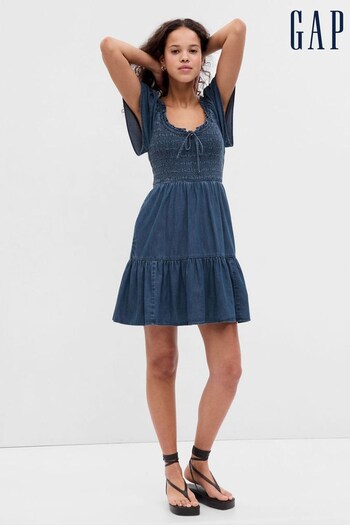 Gap Blue Flutter Sleeve Smocked Denim Mini Dress (K64086) | £65