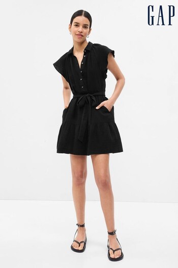 Gap Black Crinkle Gauze Flutter Sleeve Mini Shirt Dress (K64089) | £55