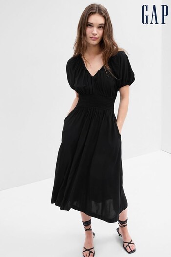 Gap Black Smocked Puff Sleeve Midi Dress (K64091) | £55