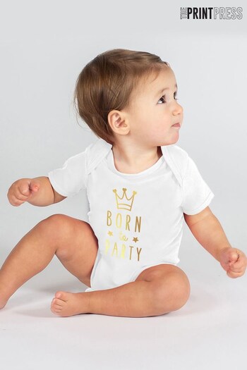 The Print Press White Coronation Born To Party Gold Baby Bodysuit (K64098) | £17.50