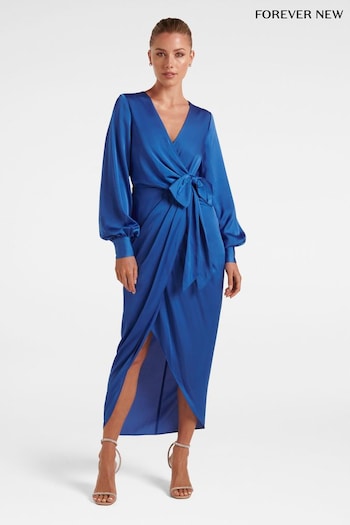 Forever New Blue Mirella Wrap Satin Midi Dress (K64135) | £115