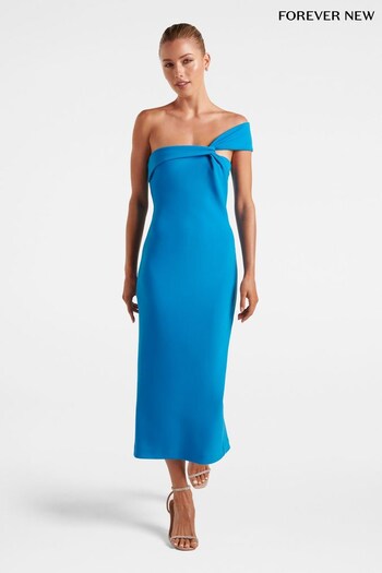 Forever New Blue Haylee Asymmetrical Neck Bodycon Midi Dress (K64136) | £110