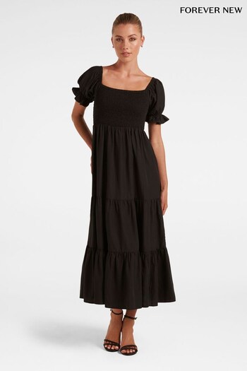 Forever New Black Luna Shirred Bodice Midi Dress (K64137) | £80