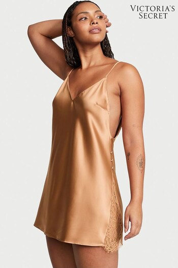 Victoria's Secret Honey Glow Nude Satin Plunge Button Side Slip (K64191) | £75