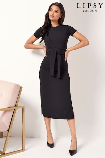 Lipsy Black Petite Short Sleeve Belted Bodycon Midi Dress (K64258) | £40
