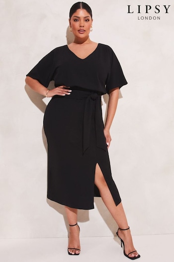Lipsy Black Curve V Neck Blouson Flutter Sleeve Belted Midi Dress (K64260) | £44