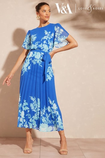 V&A | Love & Roses Blue Floral Placement Printed Tulip Sleeve Belted Pleated Midi Dress (K64270) | £74