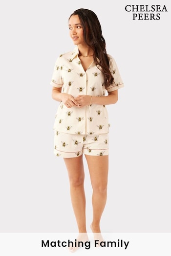Chelsea Peers Cream Organic Cotton Bee Print V-neck Button Up Short Pyjama Set (K64380) | £35