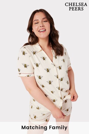 Chelsea Peers Cream Curve Organic Cotton Bee Print V-neck Button Up Short Pyjama Set (K64382) | £35