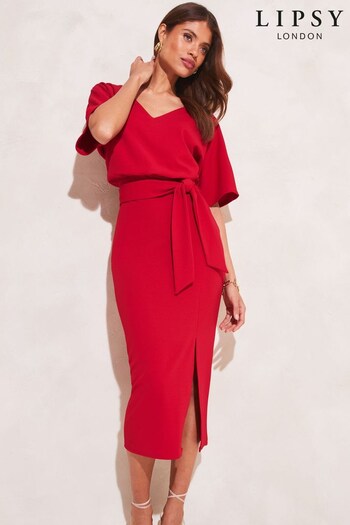 Lipsy Red V Neck Blouson Flutter Sleeve Belted Midi Dress (K64419) | £25