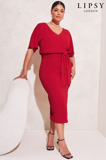 Lipsy Red Curve V Neck Blouson Flutter Sleeve Belted Midi Dress (K64421) | £39