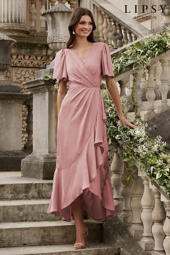 Lipsy Pink Petite Flutter Sleeve Wrap Front Bridesmaid Maxi Dress (K64425) | £72