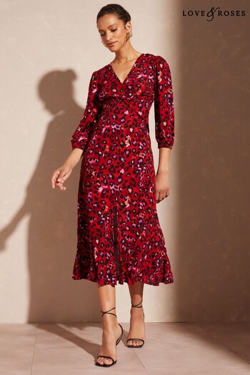 New Brand: Barker & Stonehouse Red Animal Petite V Neck Twist Front Long Sleeve Midi Dress (K64426) | £54