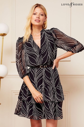 Pyjamas & Nightwear Black Polka Dot Petite Chiffon V Neck Elasticated Sleeve Belted Mini Dress (K64431) | £54