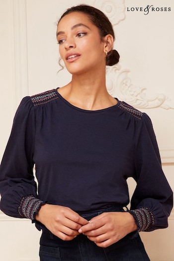 Love & Roses Navy Blue Shirred Cuff Contrast Stitch Long Sleeve Jersey Top (K64432) | £32