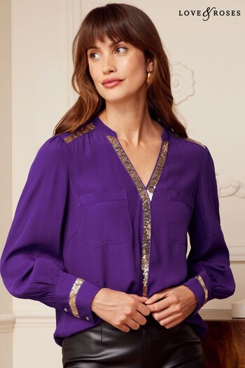 Love & Roses Purple and Gold Petite Sequin V Neck Long Sleeve Blouse (K64445) | £38