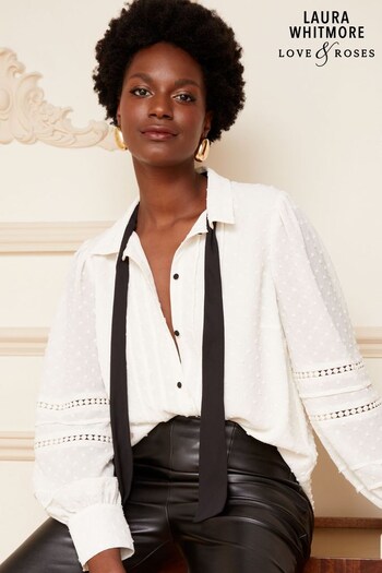 Love & Roses Ivory Petite Long Sleeve Dobby Contrast Tie Button Through Shirt (K64447) | £39