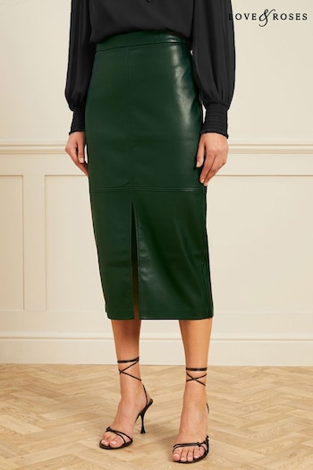 Party Ready Make Up Forest Green Faux Leather Split Front Midi Skirt (K64468) | £43