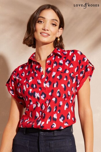 Love & Roses Red Animal Roll Short Sleeve Pocket Button Through Shirt (K64481) | £34