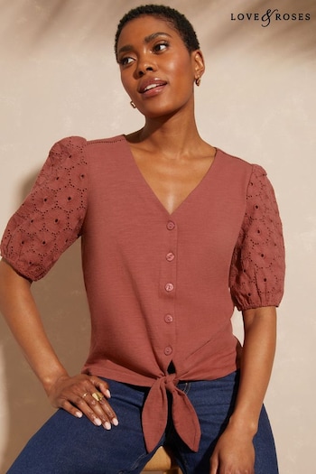Love & Roses Rust Broderie Trim Tiered Sleeve T-Shirt (K64483) | £28