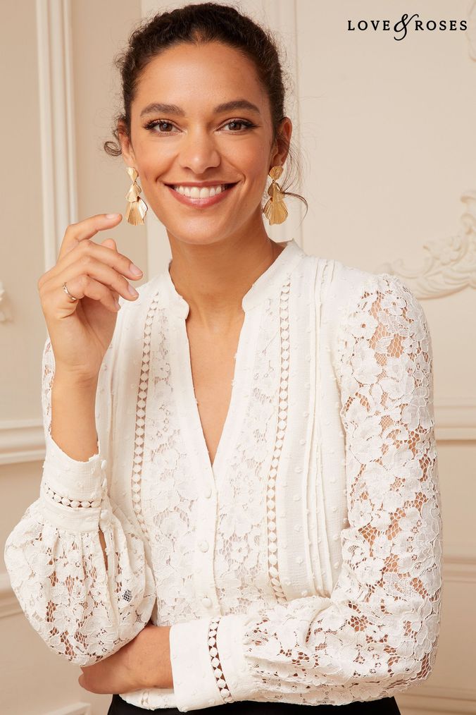 Love & Roses Ivory White Lace Long Sleeve Button Front V Neck Blouse (K64487) | £40