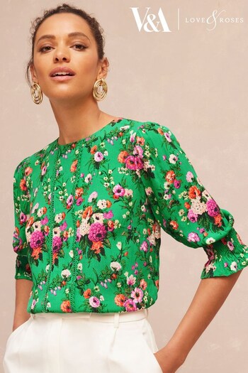 V&A | Love & Roses Green Floral Printed Lace Trim Flute Sleeve Blouse (K64492) | £38