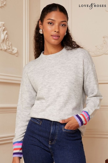 Love & Roses Grey Petite Crew Neck Contrast Patch Knitted Jumper (K64493) | £36