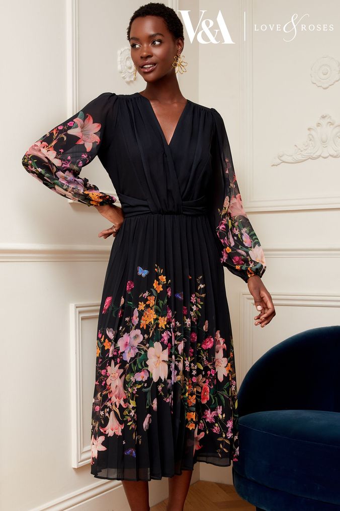 V&A | Love & Roses Black Placement Printed Wrap Front Long Sleeve Pleated Midi Dress (K64498) | £75