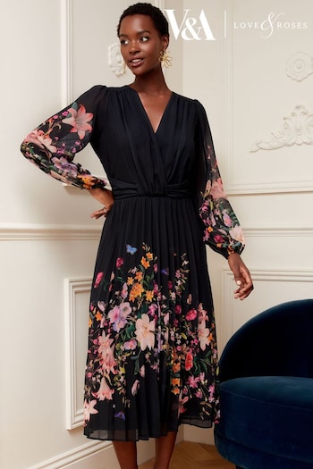 V&A | Ties & Pocket Squares Black Placement Printed Wrap Front Long Sleeve Pleated Midi Dress (K64498) | £75